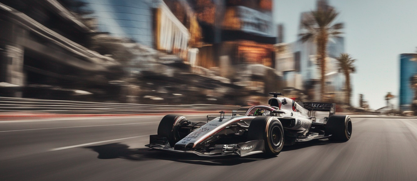 AI-generated artwork of a Formula 1 car racing down the Las Vegas Strip