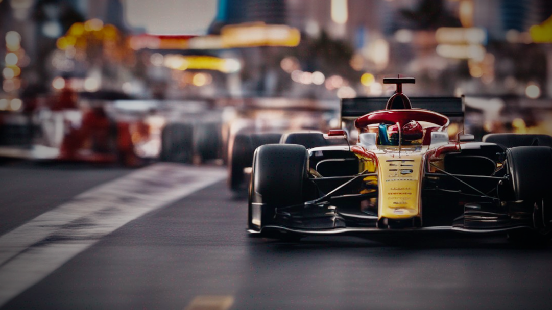 AI-generated artwork of a Formula 1 car racing down the Las Vegas Strip